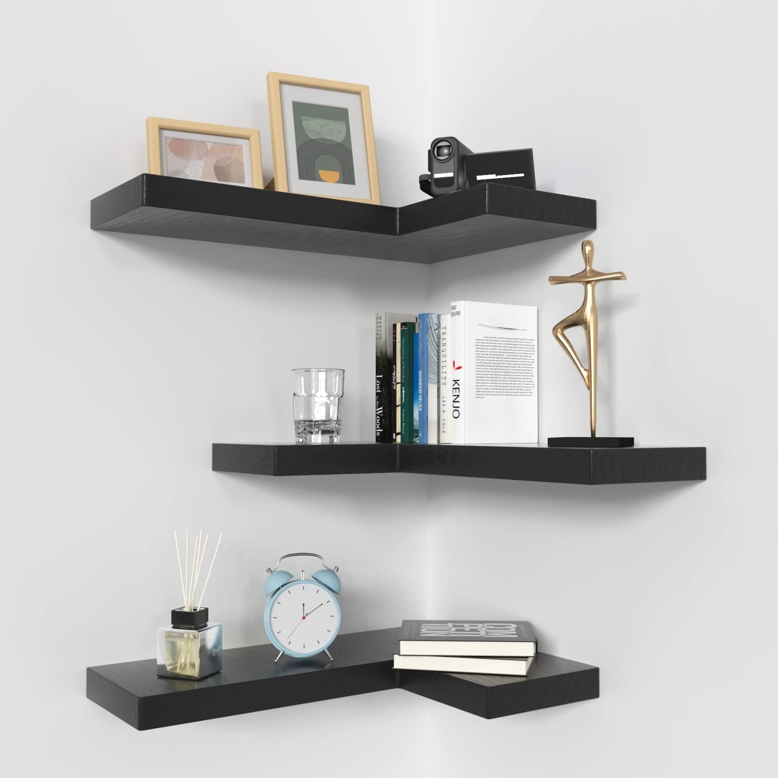 NATURE'S SOURCECorner Floating Shelves with Invisible Brackets, Corner Shelves Wall Mounted Set of 3, Bedroom Bathroom Kitchen Living Room Office- Gothic Style 17" x 6" (Black)