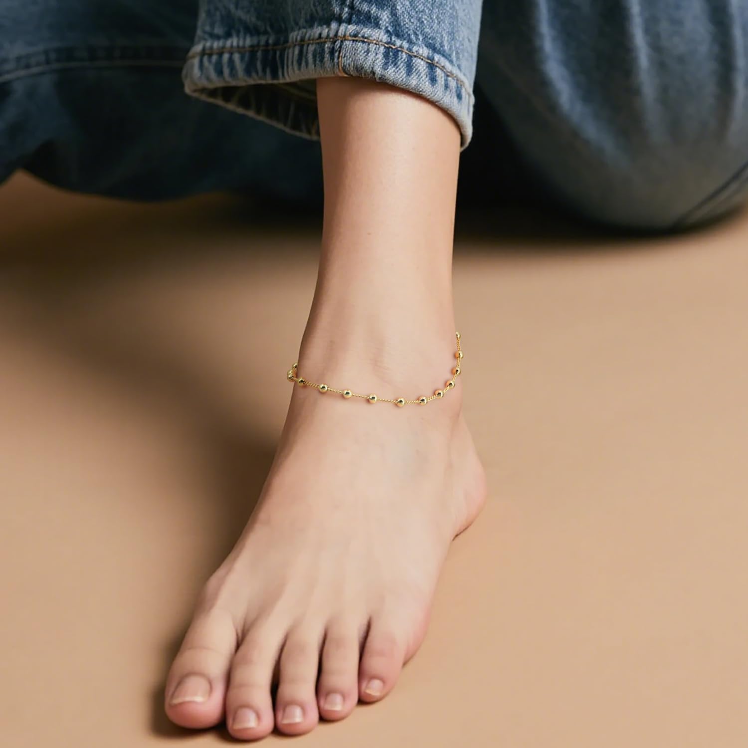 14K Gold Anklets for Women Gold Ankle Bracelets for Women Bead Ankle Bracelet for Womens Rhythmic Eye-Catching Design Beaded Anklets for Womens
