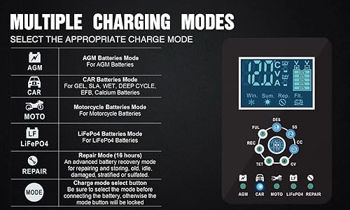 Miniatura 7 de Foxsur Cargador de batería de coche de 7 etapas de 10 amperios para baterías húmedasgelSLALiFePO4plomoAGM, cargador de batería inteligente de 12 V24