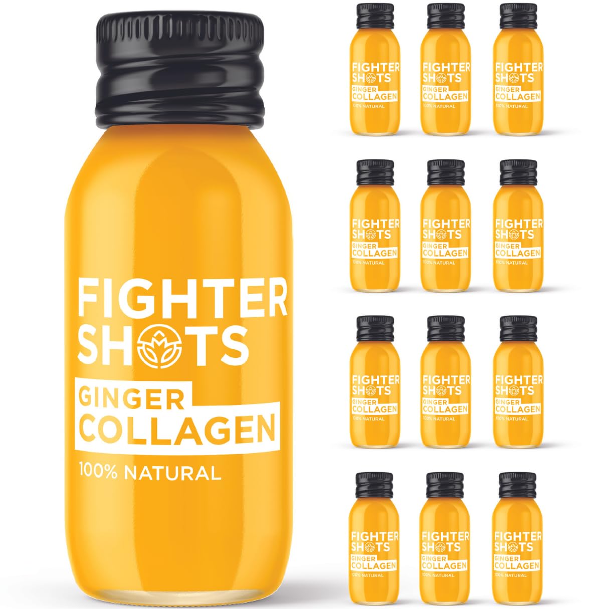 Fighter Shots de Jengibre Colágeno Marino (12x60ml) | Piel y Cabello más sanos | Fortalece el Sistema Inmunológico | 100% Natural | Sin Conservantes | Shots De Jengibre Fresco e Intenso
