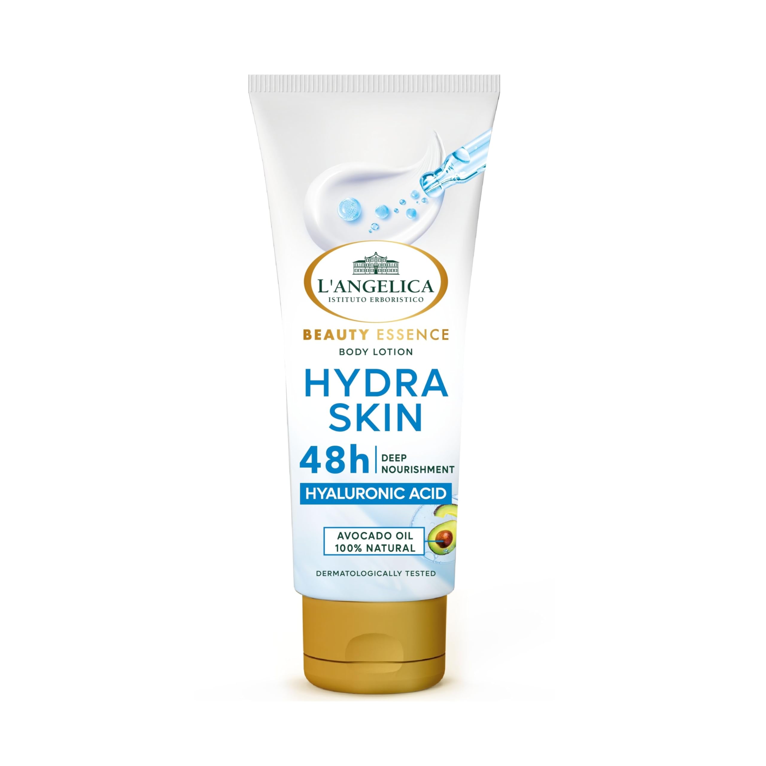 L'Angelica Beauty Essence, Body Lotion Hydra Skin, Pelle Morbida e Levigata, 48H di Idratazione, Crema Corpo Con Acido Ialuronico e Olio di Avocado 100% Naturale, Dermatologicamente Testato, 250ml