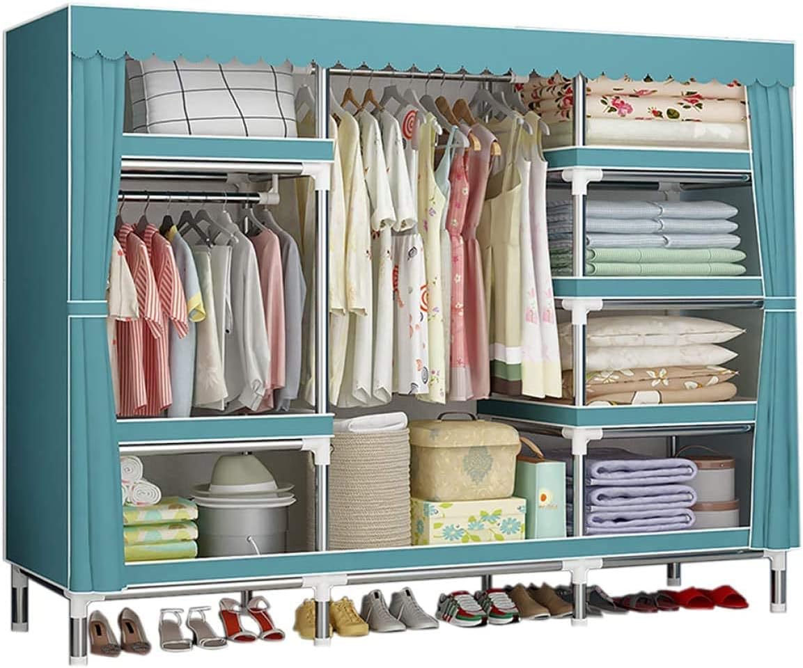 寝室用コンビネーションワードローブポータブルクロスワードローブ 洋服クローゼット収納オーガナイザースチールパイプクロスクローゼット シェルフワードローブ追加収納用の安定した使用 0x 45 X170cm 青色 Cafe Du Jardin Com