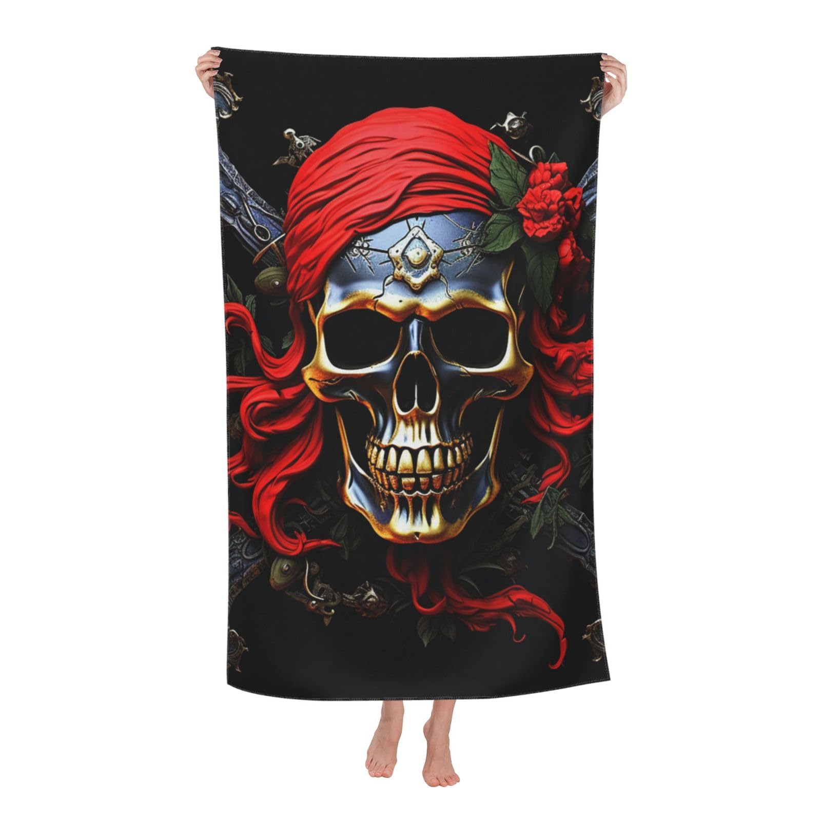 FodPand Pirate Skull Beach Towel Oversized 52 x 32 in Sand Free Pool Swim Towels for Adult Travel Blanket Lightweight Quick Dry Absorbent Bath Towels Cruise Vacation Accessories