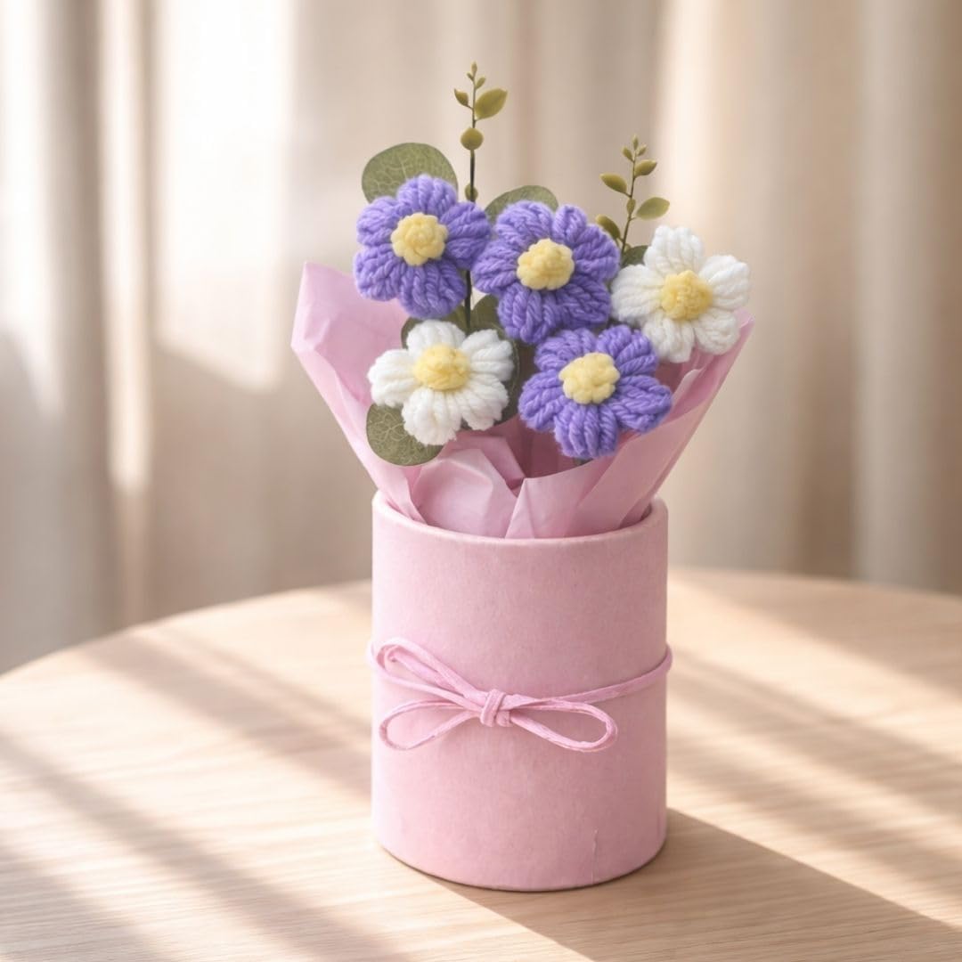 Handmade Crochet Flower Bouquet Decorative Knitted Artificial Floral Bunch for Home Bedroom Office Desk Table Decoration Wedding Anniversary Birthday Gifting Aesthetic Room Décor Pack of 1-image-20