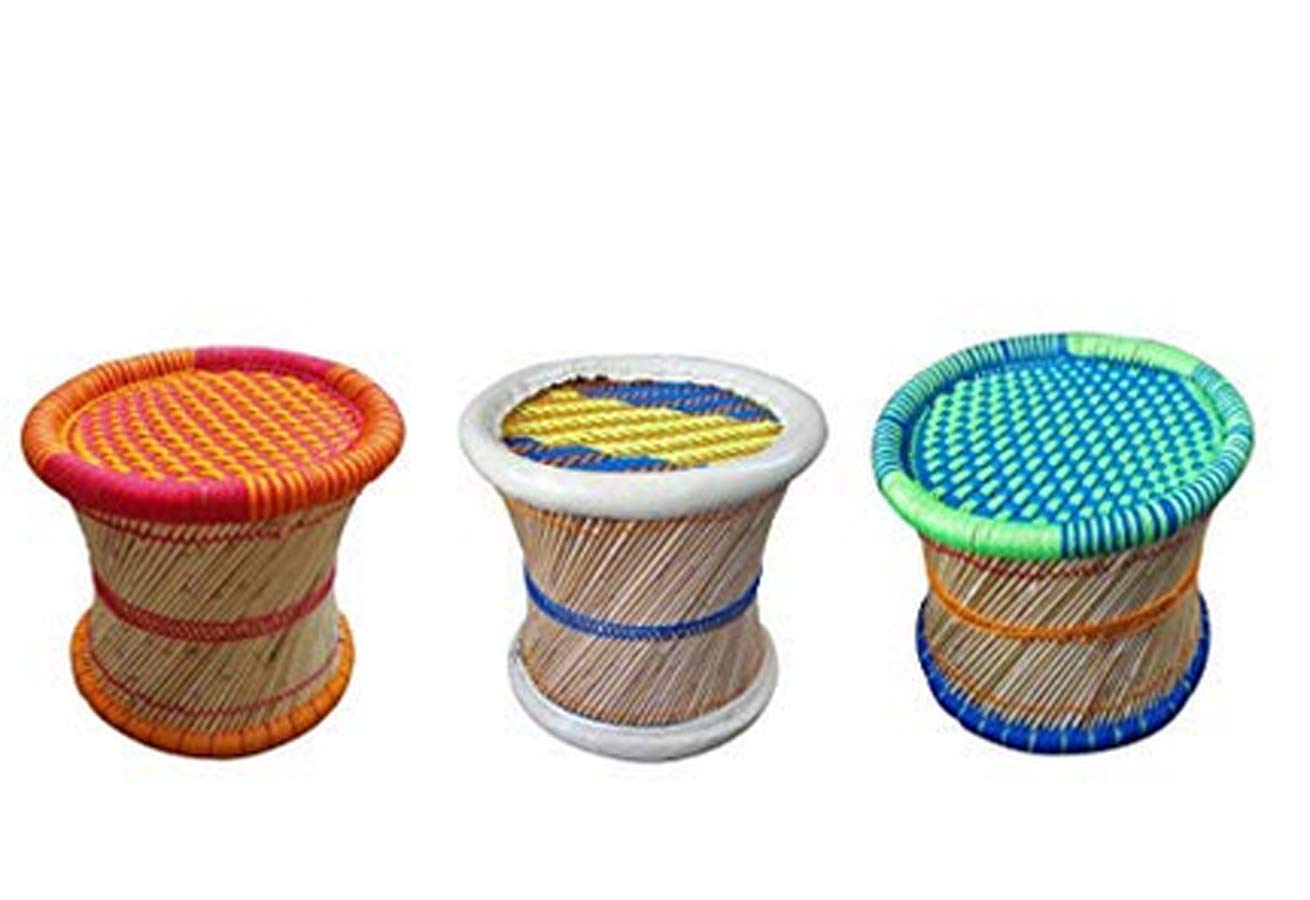 Anupam Enterprises Eco-Friendly Handicraft Cane Bar Bamboo Chair/Stool/Muddha/Mudda for Outdoor/Indoor/Furnishing/Color: Multi-Colored 3 Piece (14 inch Height)