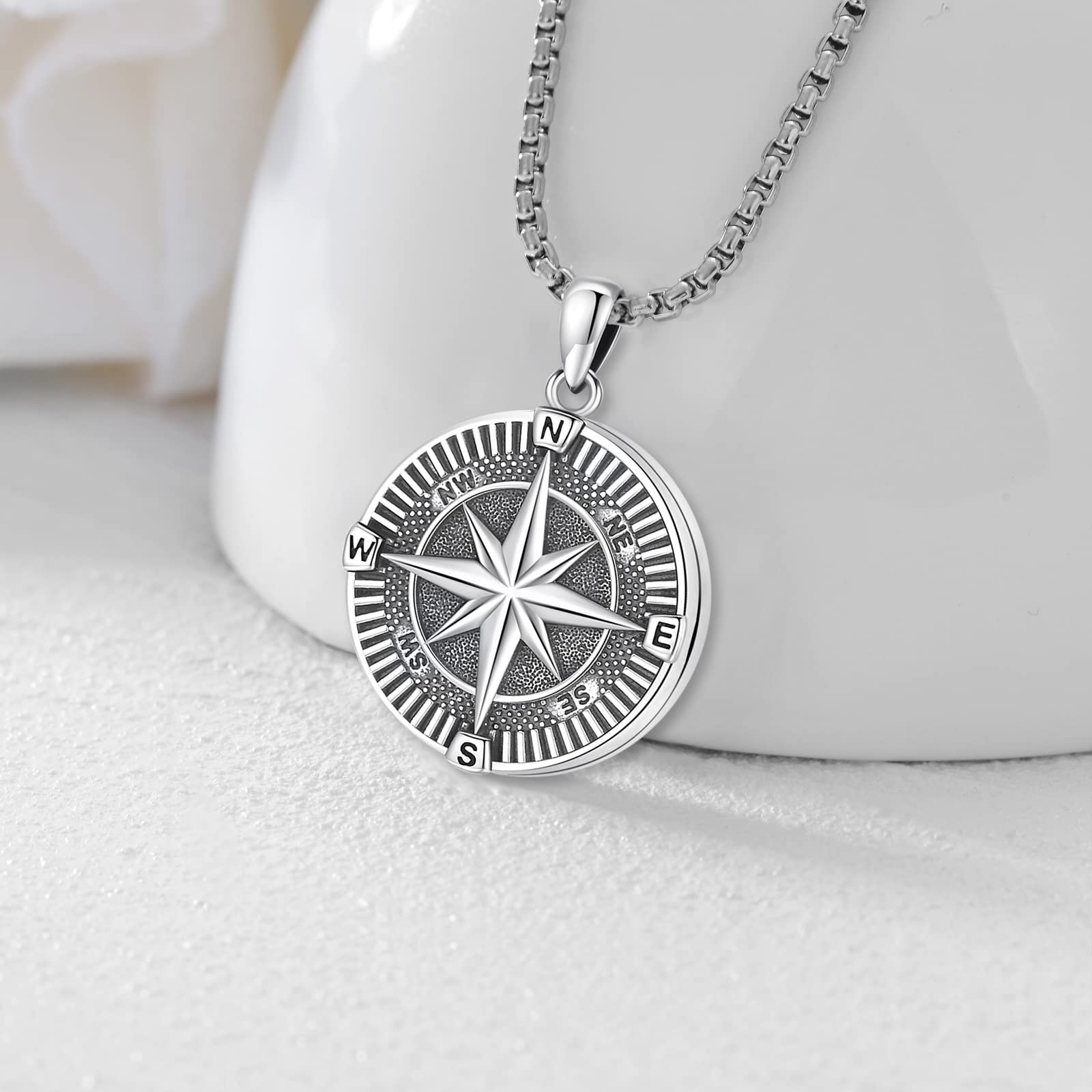 Eusense 925 Sterling Silber Kompass Halskette Kompass Anhänger Kette Geschenke Zum Vatertag Abschluss Geschenk Schmuck für Herren Damen