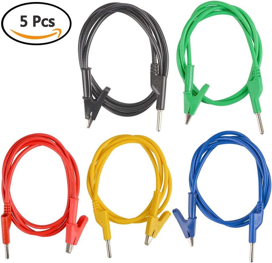 Dekomore 5x Crocodile Clips Test Cable 4 mm Banana Plug 1000V 20A Test Cable 100cm for Voltmeter, Physics Teaching Electrical Test Probe Cable Kit - black, red, green, blue and yellow testing cable