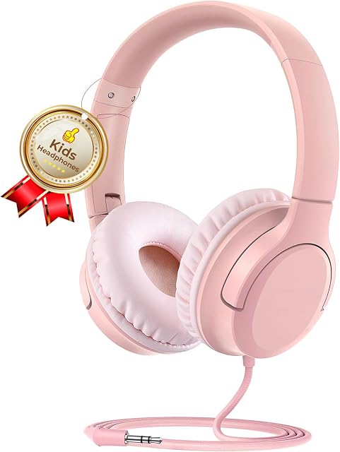 Limiteur de volume des écouteurs pour enfants 94dB, DyBaxa Casque filaire léger pliable plus sûr, Portable sur écouteurs pour enfants École Cours d'apprentissage en ligne Tablette de voyage, 3.5mm Jack, rose