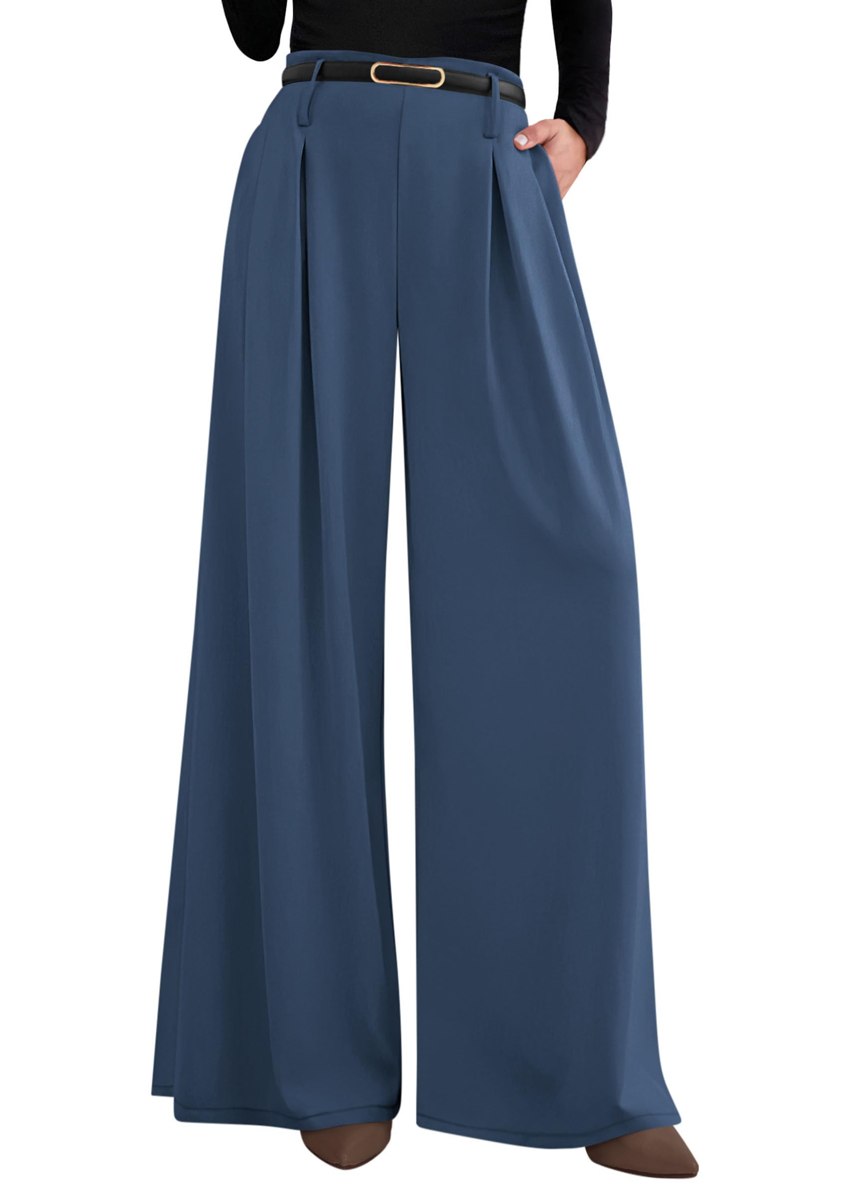 PRETTYGARDEN Womens Wide Leg Dress Pants Flowy Trousers | Front Pleats,Side Zipper,Elastic High Waisted Palazzo Pants,Dressy Slacks with Pockets,Daily Work Business Casual Outfits
