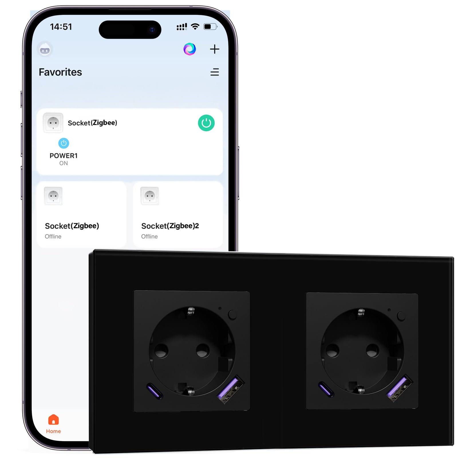 Zigbee Steckdose Unterputz Wandsteckdose mit Energieüberwachung, Doppelte Glassteckdose mit USB-A&USB-C, APP-Steuerung Arbeit mit Alexa/Google Home, Zeitpläne, Timer... Schwarz