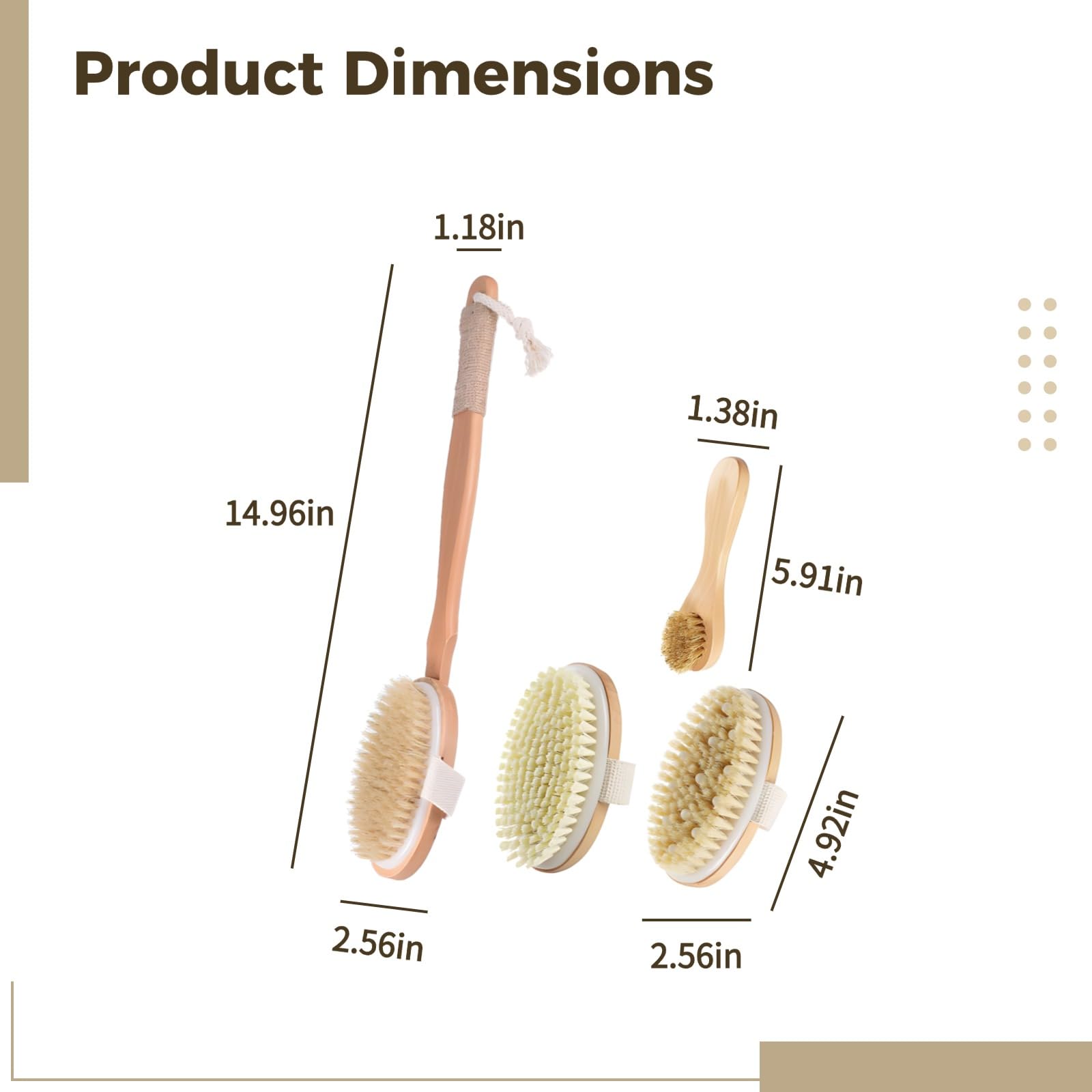 5 Stk. Körperbürsten-Set, Trockenbürsten mit langem Griff, Naturborsten, Peeling-Set für Cellulite und Durchblutung, inklusive Gesichtsreiniger