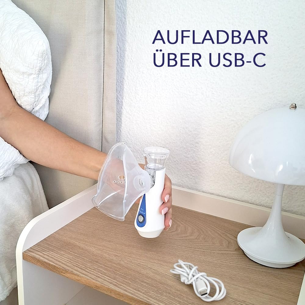 IEA Medical Inhalator Set mit Hardcase+ Kochsalzlösung 0,9% NaCl (20×5 ml) – tragbarer Vernebler/Inhalationsgerät, Mikrovernebelung feiner Nebel, USB-C aufladbar, sterile isotonische Inhalationslösung