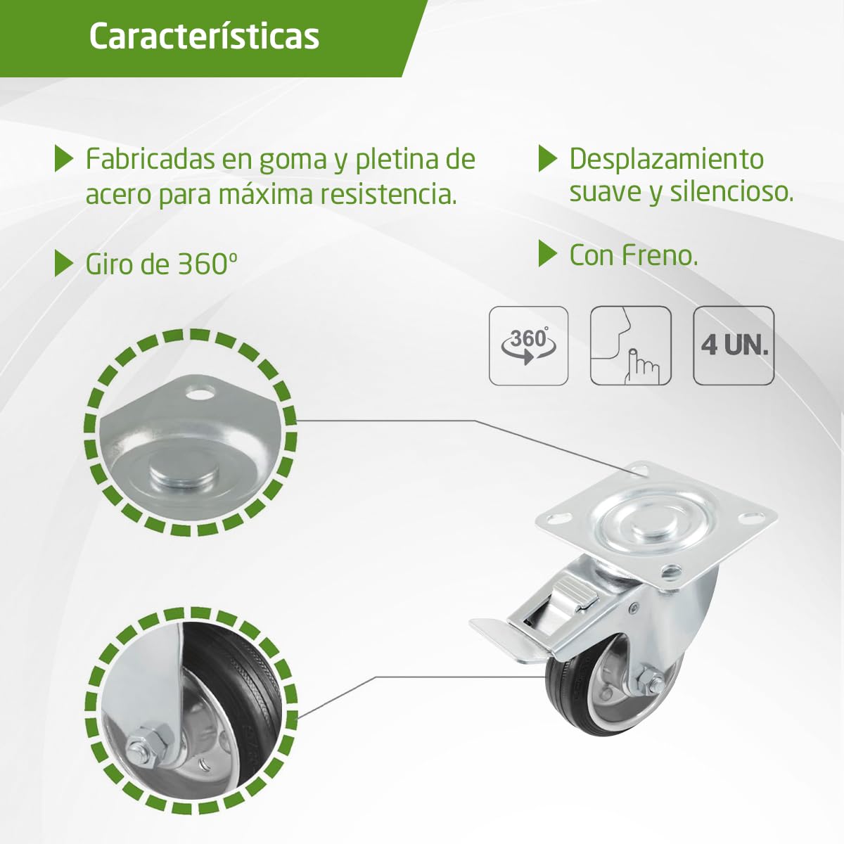 Amig - Pack de 4 Ruedas para Muebles - Ø 125 mm - Carga Máxima por rueda 120 kg - Pletina de Acero - Fabricada con Goma - Con Freno - Ideales para Mover Equipos Industriales y Muebles Pesados