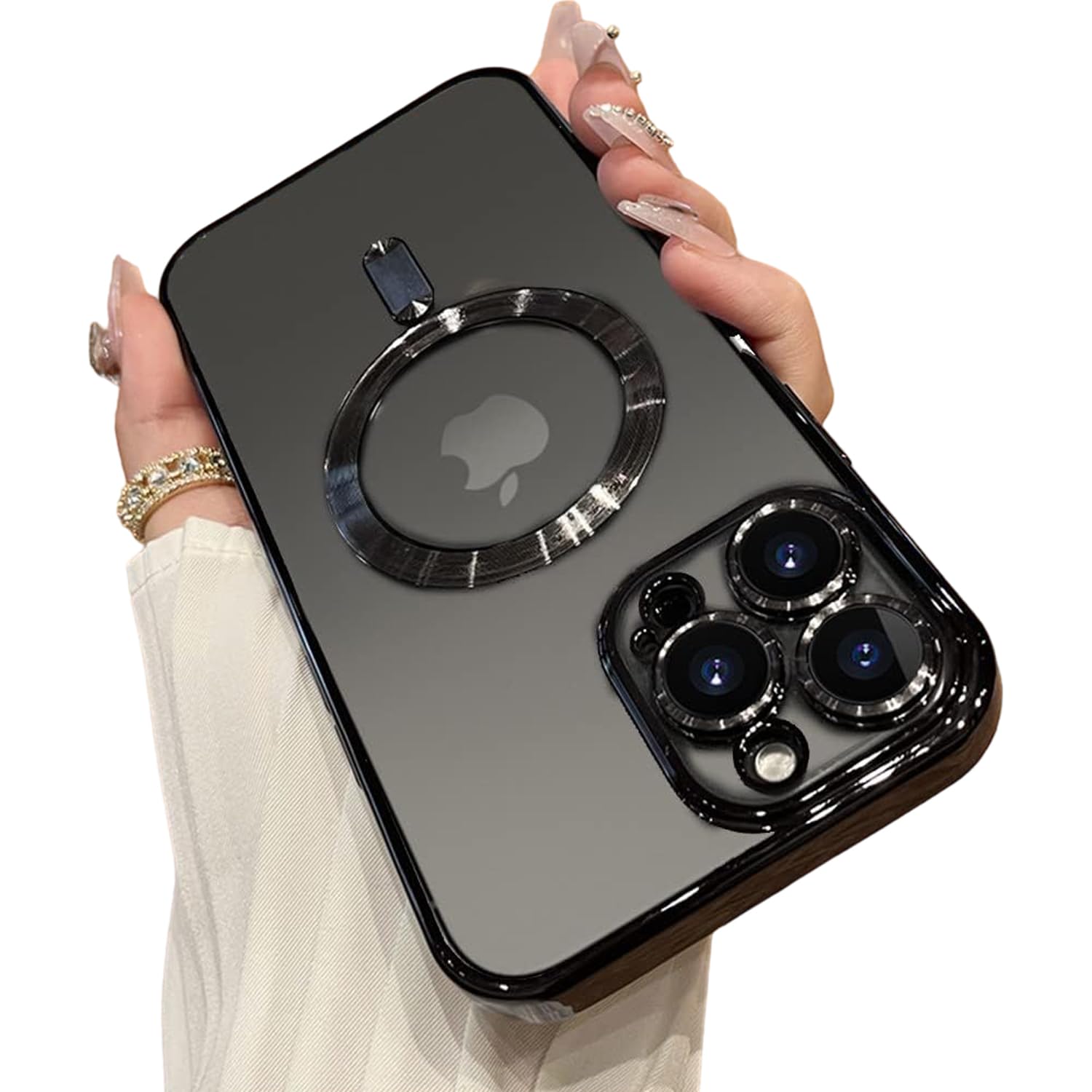 Electroplating Transparent Clear Logo TPU Cover for iPhone 13 Pro Max Case 6.7 Inch, Compatible with Magsafe, Full Body & Individual Camera Protection for Each Lens for Men & Women (Black)