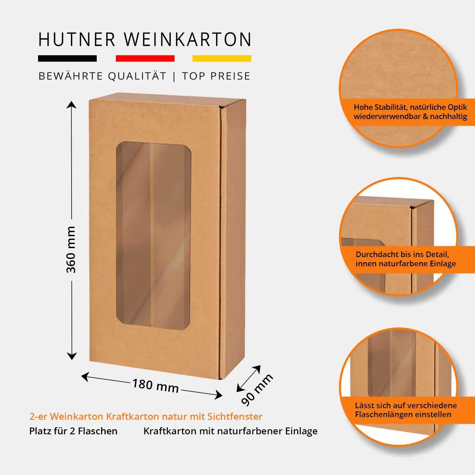 25 x Weinkarton für 2 Flaschen mit Sichtfenster – Naturbrauner Kraftkarton Geschenkverpackung für Weinflaschen – Flaschenkarton für Wein, Sekt & Spirituosen – Stabil & Präsentationsstark