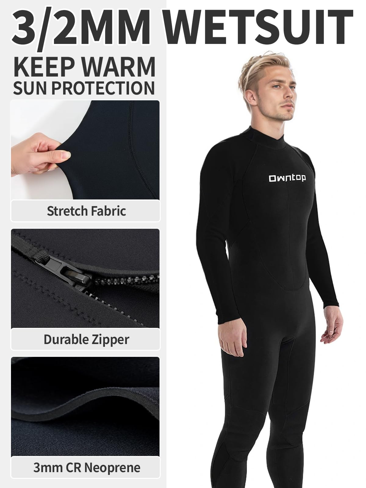 Owntop Traje de neopreno para hombre y mujer de 3/2 mm, longitud completa, con cremallera trasera, elástico térmico, piel de buceo profesional para surf, esnórquel