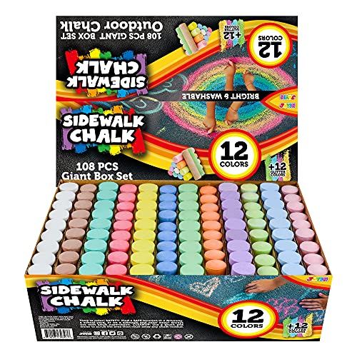 JOYIN 108 PCS Jumbo Sidewalk Chalk Set in 12 Color Including 12 Glitter Chalks, Non-Toxic Washable Sidewalk Chalks for Outdoor Art Play, Painting on Chalkboard, Blackboard and Playground