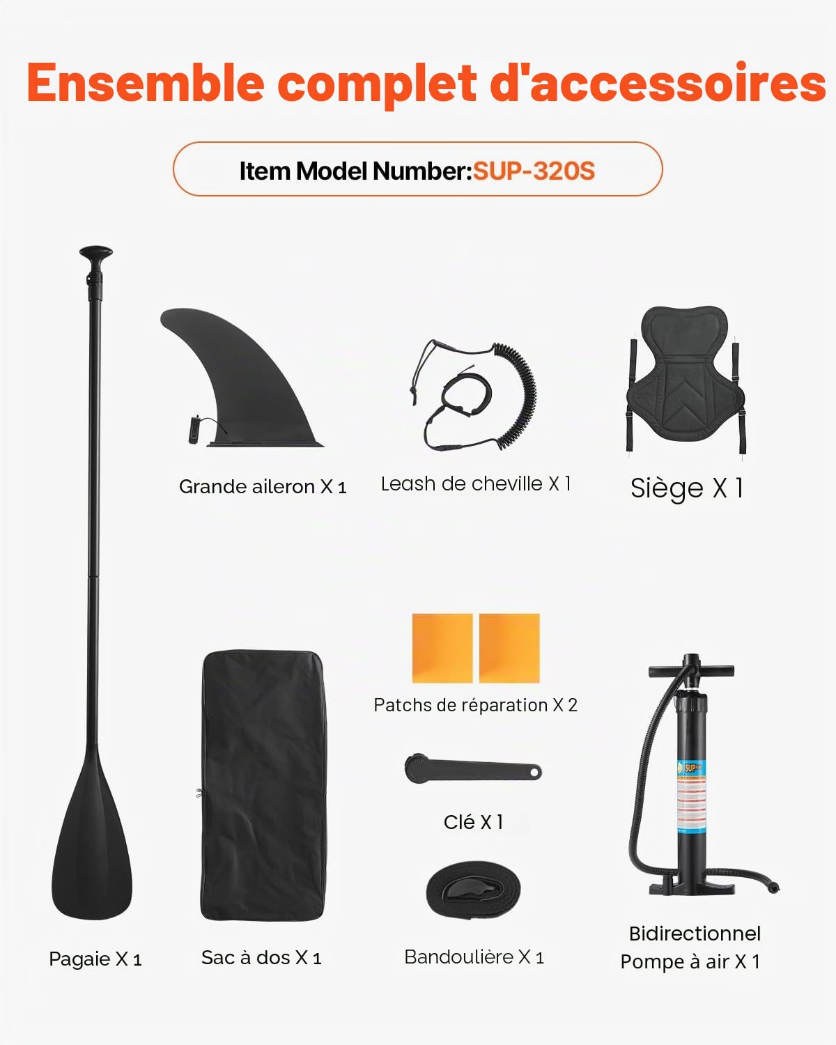 VEVOR Paddle gonflable avec siège, 323 x 83,8 x 15,2 cm, planche à pagaie debout sup ultra-légère avec accessoires de pompe, pagaie, aileron, sac à dos, laisse de cheville, sangle, pour jeunes adultes