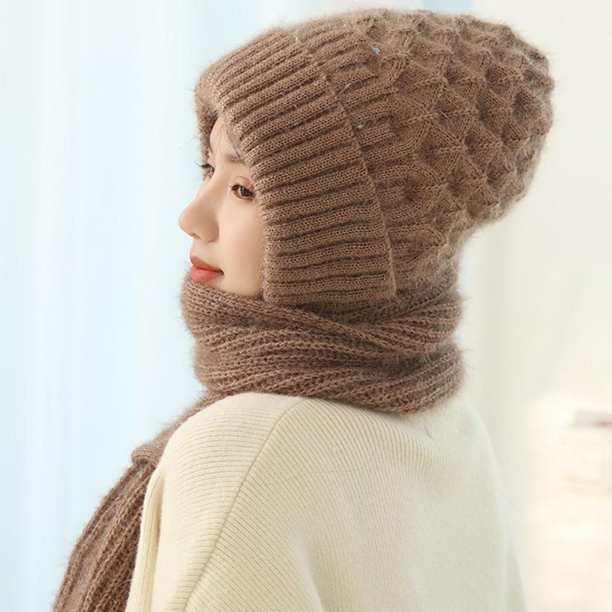 Women Balaclava Hood Scarf Hat Knitted Fleece Elastic Winter Integrated Ear Protection Windproof Cap Beanie Hat, Blue, Large 4