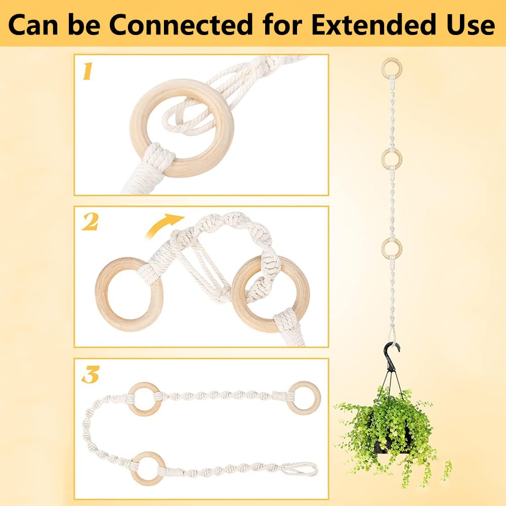 Lot de 12 cordes de suspension en macramé pour pot de fleurs, décoration bohème avec anneaux en bois naturel pour extérieur, intérieur, balcon, jardin, maison
