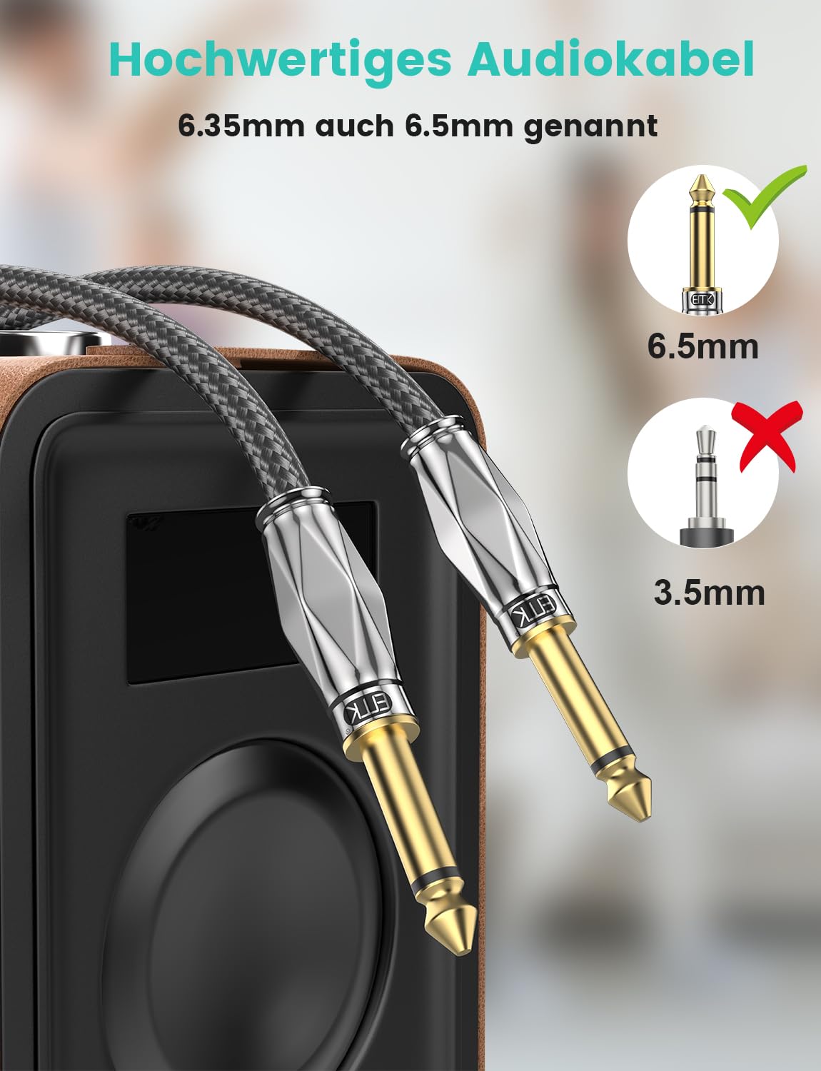 EMK 6.35mm Guitar Cable 3m, Braided Guitar Lead Instrument Cables 6.35mm 1/4 Inch Jack to Jack Cord for Electric Guitar Bass - Image 3