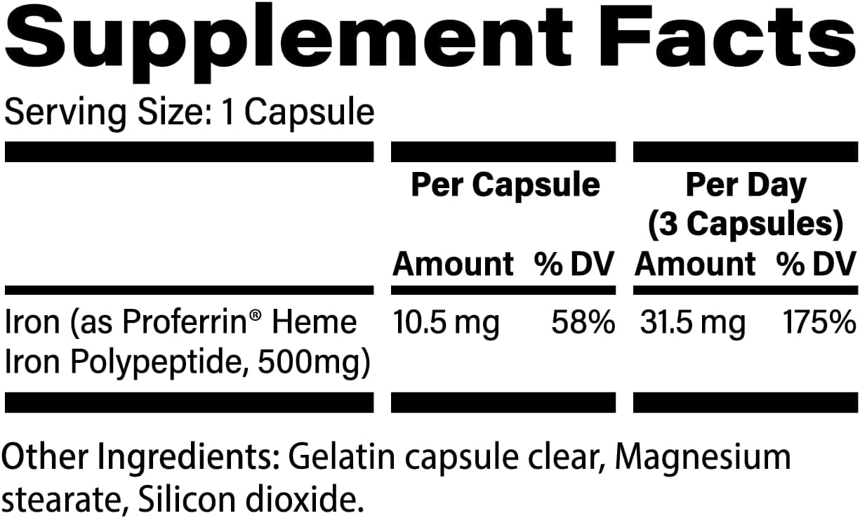Proferrin Clear Heme Iron Supplement, 90 Capsules- Superior Absorption, Easy on The Gut, Natural, Made in The US