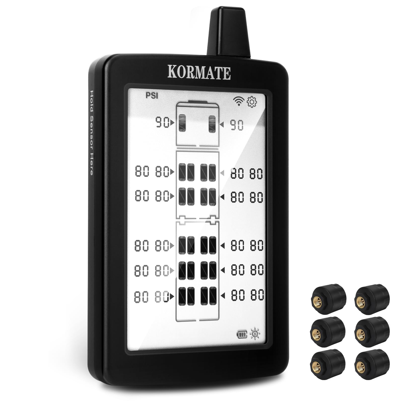 KORMATE TPMS Tire Pressure Monitoring System 6 Sensors Displayed Vertically,All Tires Pressure and Temp simultaneously,Solar Power,for RV,semi Truck,