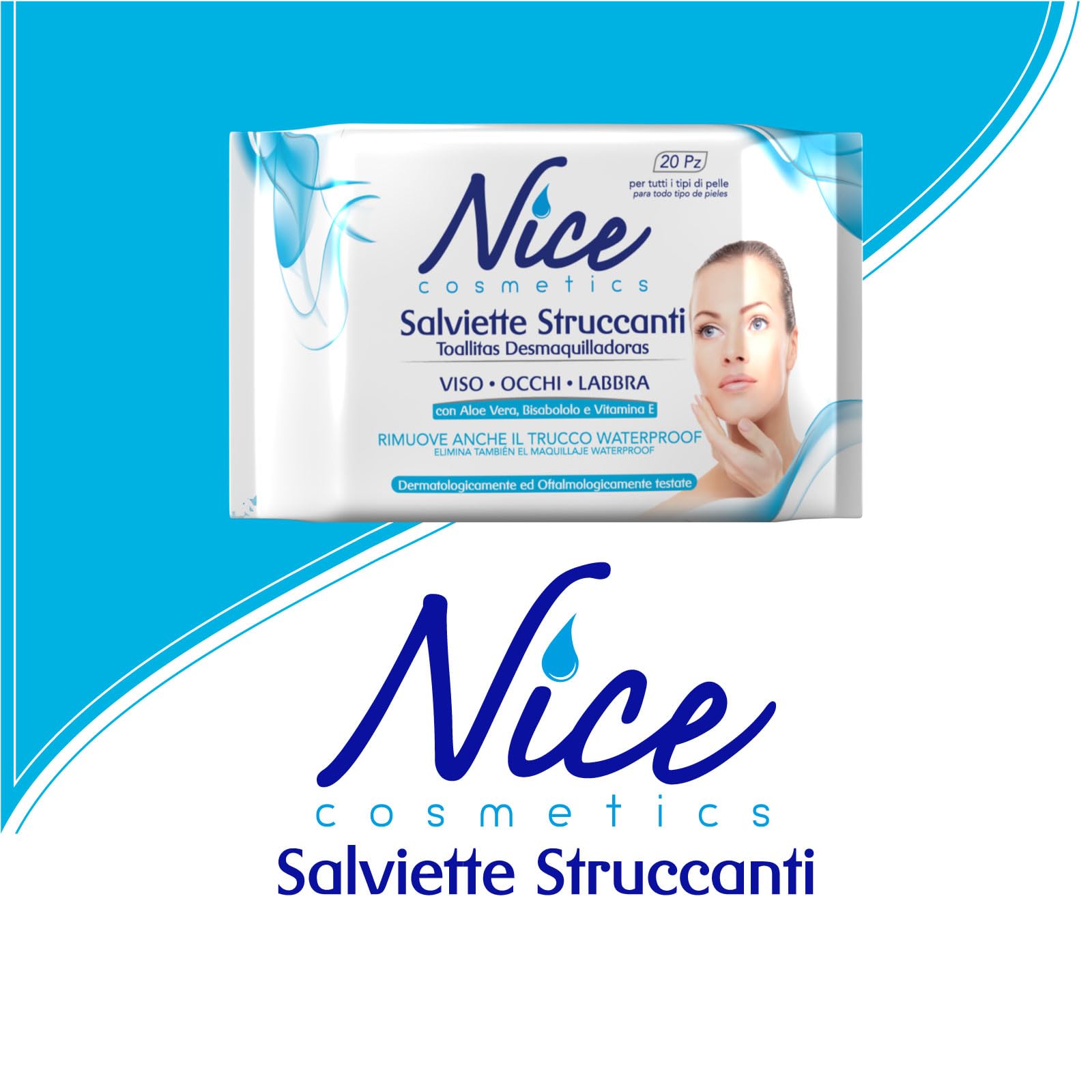 Nice Salviette Struccanti per Viso, Occhi e Labbra, con Aloe Vera, Bisabololo e Vitamina E, Dermatologicamente e Oftalmologicamente Testate, Confezione Tascabile da 20 Salviette