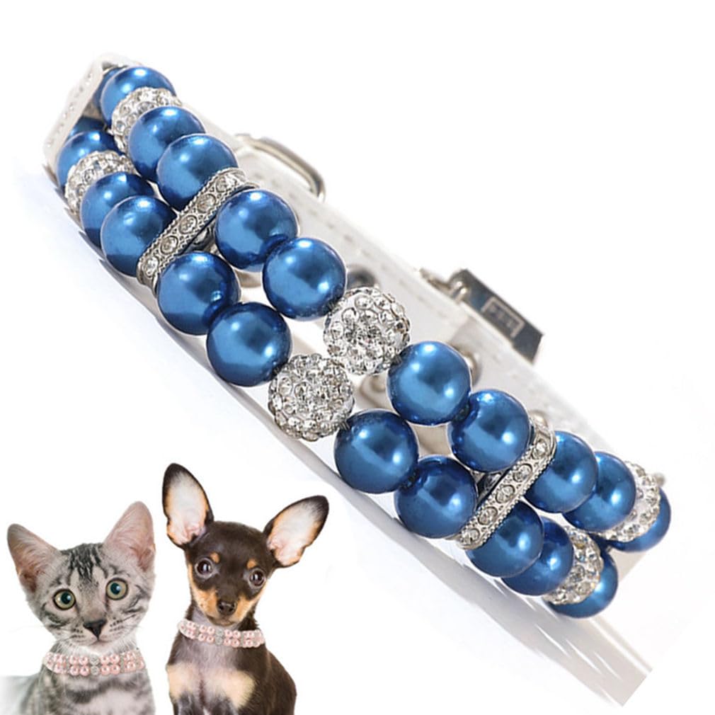 Blue Pearl Dog Collar, Fancy Crystal Bling Pearl Puppy Collar Rhinestone Luxury Beaded Necklace Diamond Girl Pet Jewelry for XS Small Medium Female