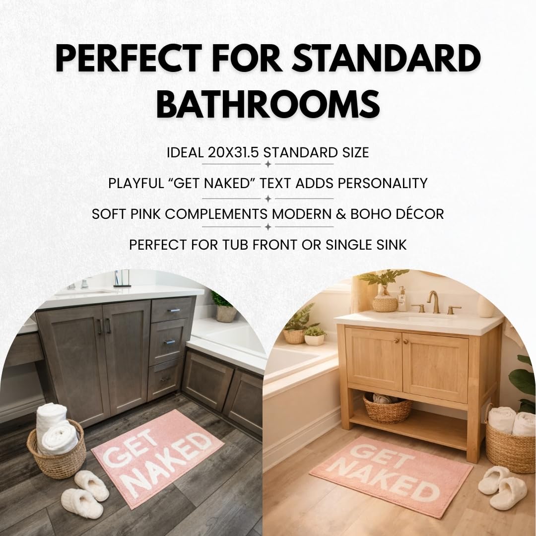 LABEND HOME Duschvorhang-Set mit Aufschrift Get Naked, lustiger Pfirsich-Badezimmerteppich, niedlicher lustiger Badteppich, rosa Badezimmerzubehör, waschbar
