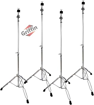Griffin Straight Cymbal Stand Set Percussion TiltPro X Edition 4 Pack Double Braced Chrome Drum Hardware Slip-Proof Light-Duty Mounts for Crash, Ride & Splash