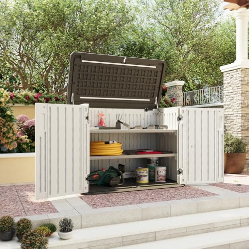 Aoxun 35 Cu.Ft Outdoor Storage Shed with 2 Shelves and Floor, Waterproof Horizontal Resin Cabinet for Trash Cans, Lawn Mowers, Generators, and Garden Tools, White Aoxun 35 Cu.Ft Outdoor Storage Shed with 2 Shelves and Floor, Waterproof Horizontal Resin Cabinet for Trash Cans, Lawn Mowers, Generators, and Garden Tools, White