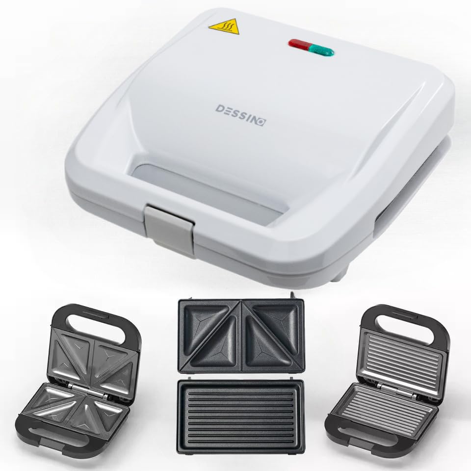 DESSINO Sandwichera 2 en 1, 2 Juegos de Placas Desmontables Antiaherentes e intercambiables para Tostadas, Panini y Bocadillos, Fácil limpieza, Asa de Tacto Frío, 750W,Color Blanco