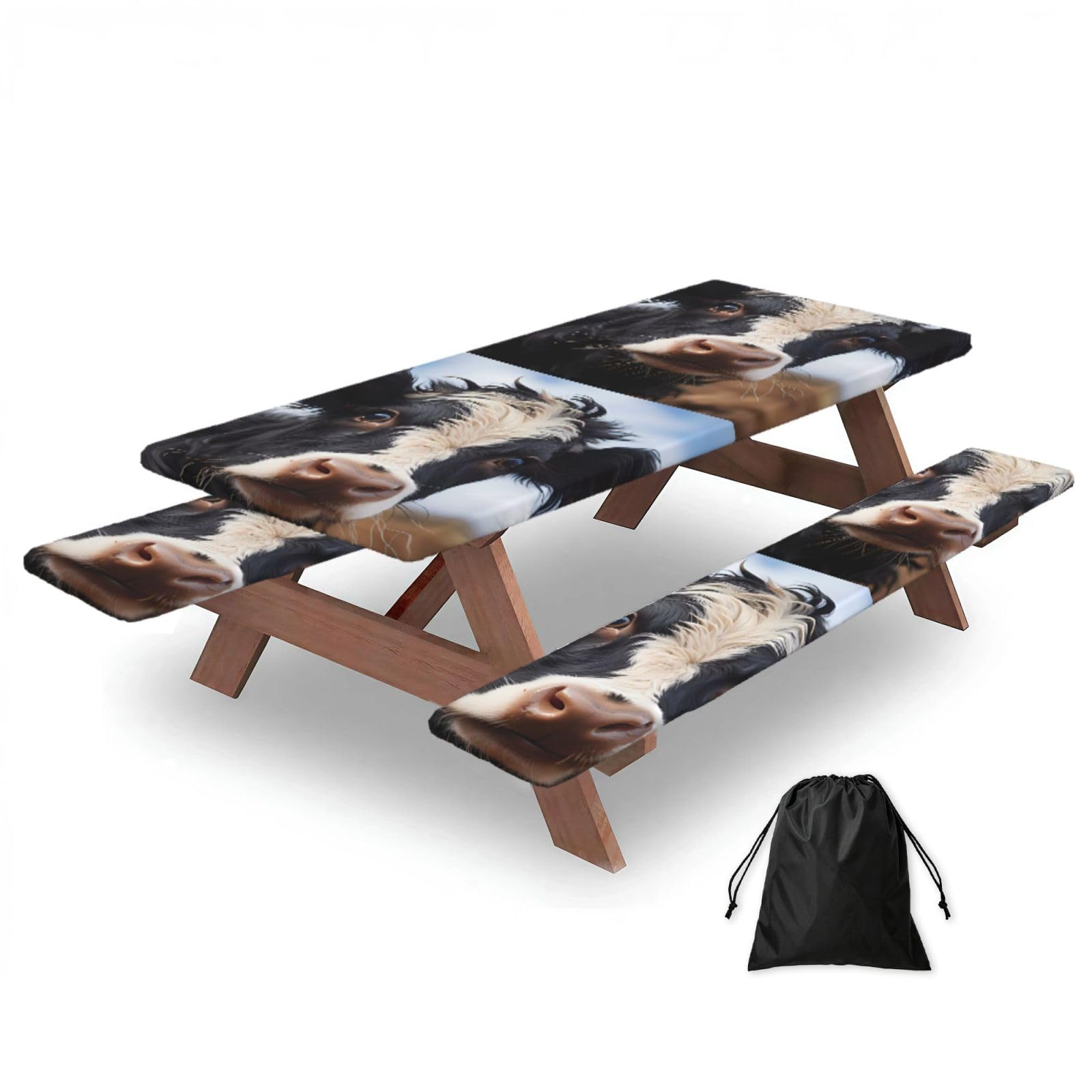 Erwqavc Black Cute Cow Print Picnic Table Cover & Bench Covers 3-Pack Set, Elastic Tablecloths For 6 Ft Rectangle Tables