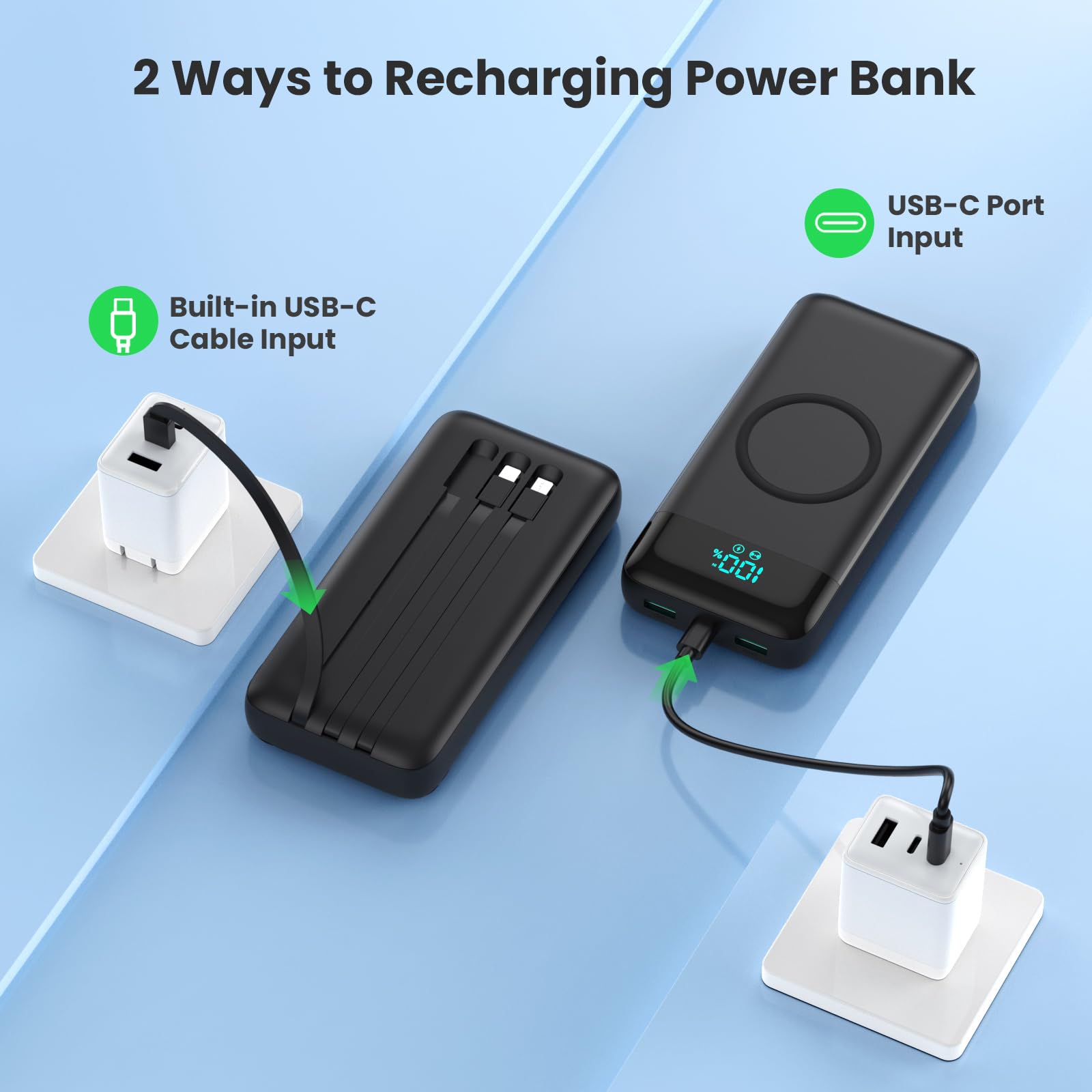 Wireless Power Bank 26800mAh mit 3 Kabel, 7 in 1 25W PD3.0+QC4.0 Schnellladen USB C Powerbank, 6 Ausgängen Externe Handyakkus mit LCD Display Kompatibel mit iPhone17/16/15/14 Huawei Samsung