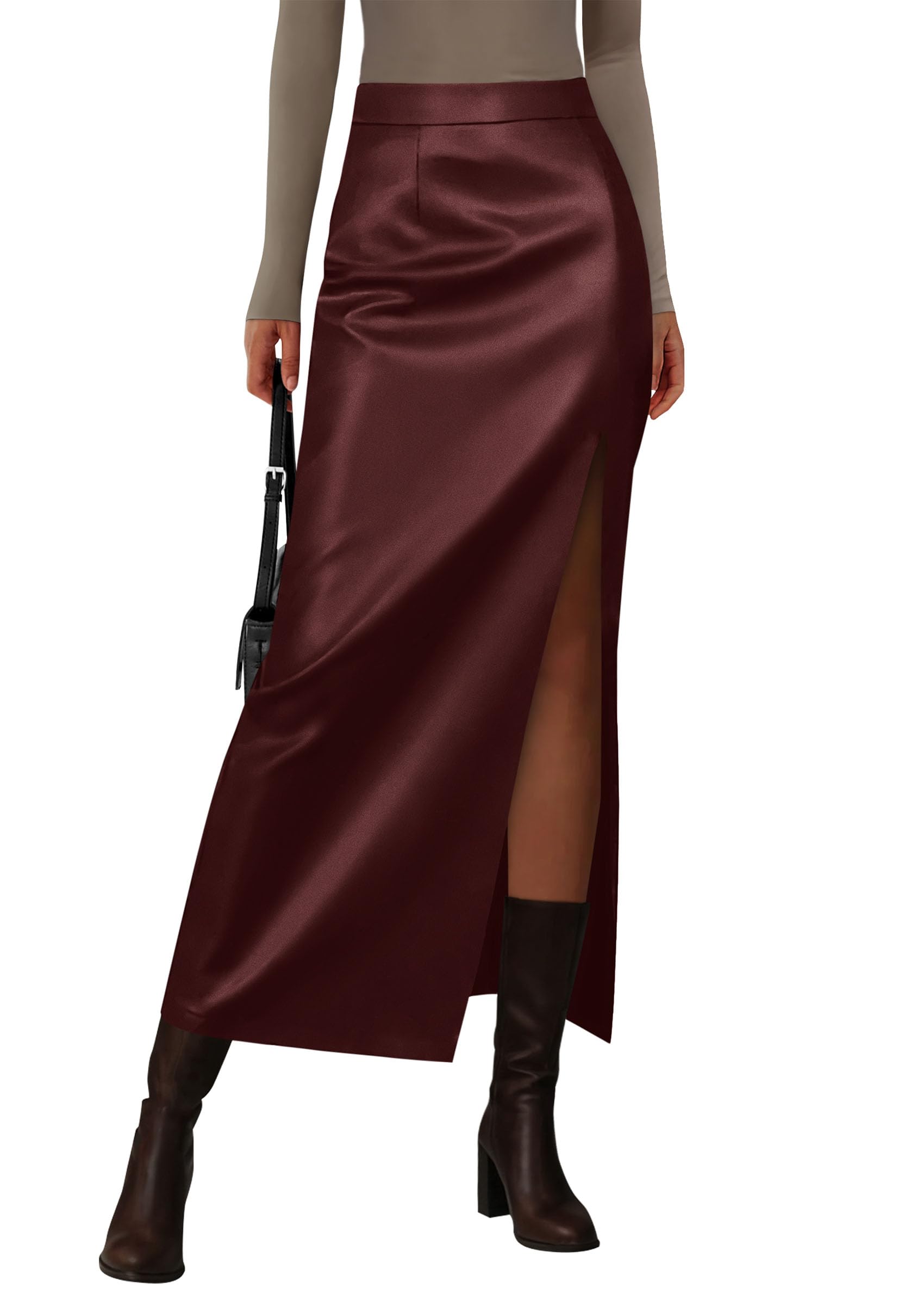 PRETTYGARDEN Womens Faux Leather Skirts 2026 Fall Fashion Bodycon High Waisted Slit Work Office Winter Maxi Long Pencil