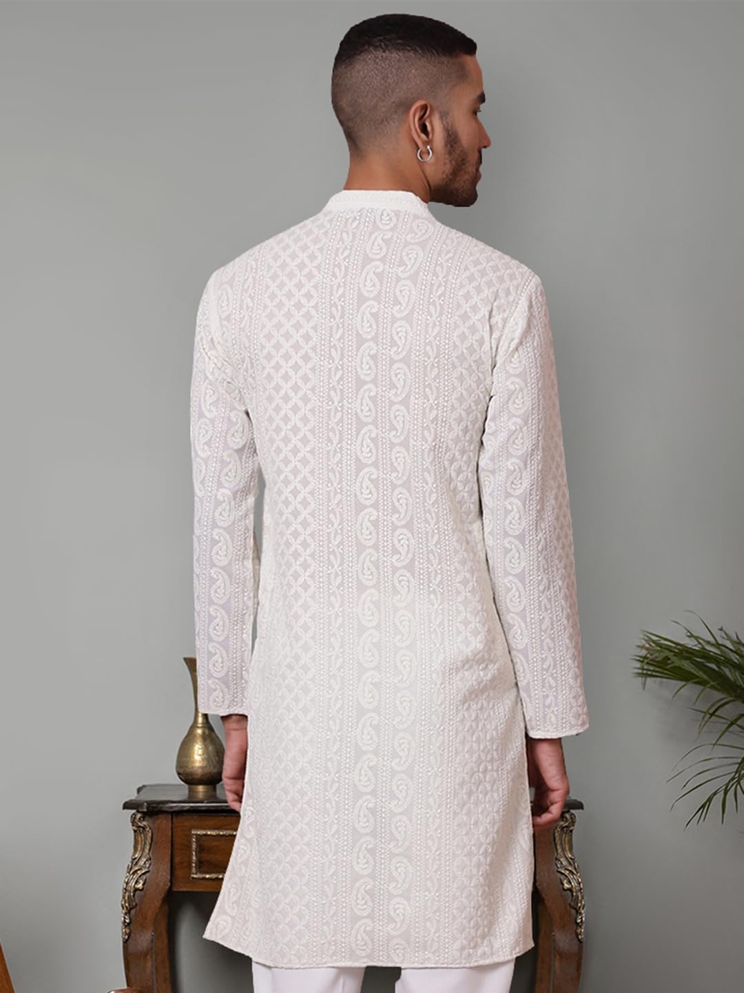 Jompers White Chikankari Embroidered Kurtas For Men. (White, M)