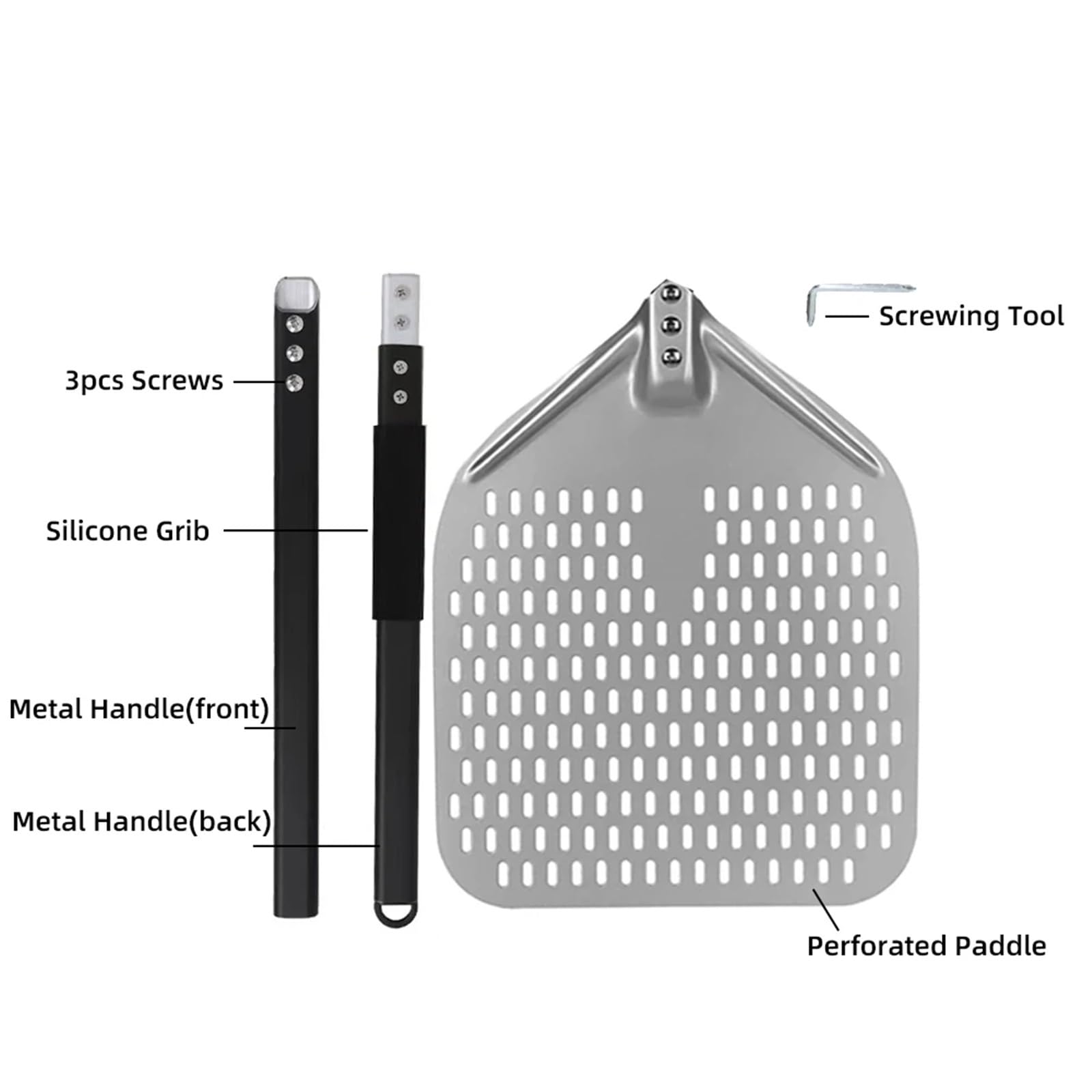 18 Zoll große Pizzaschaufel, perforiert, mit Metallgriff, for Wenden im Ofen, Küchenhelfer, antihaftbeschichtet, Backzubehör für Backofen und Pizzaofen(18inch and 9 inch)