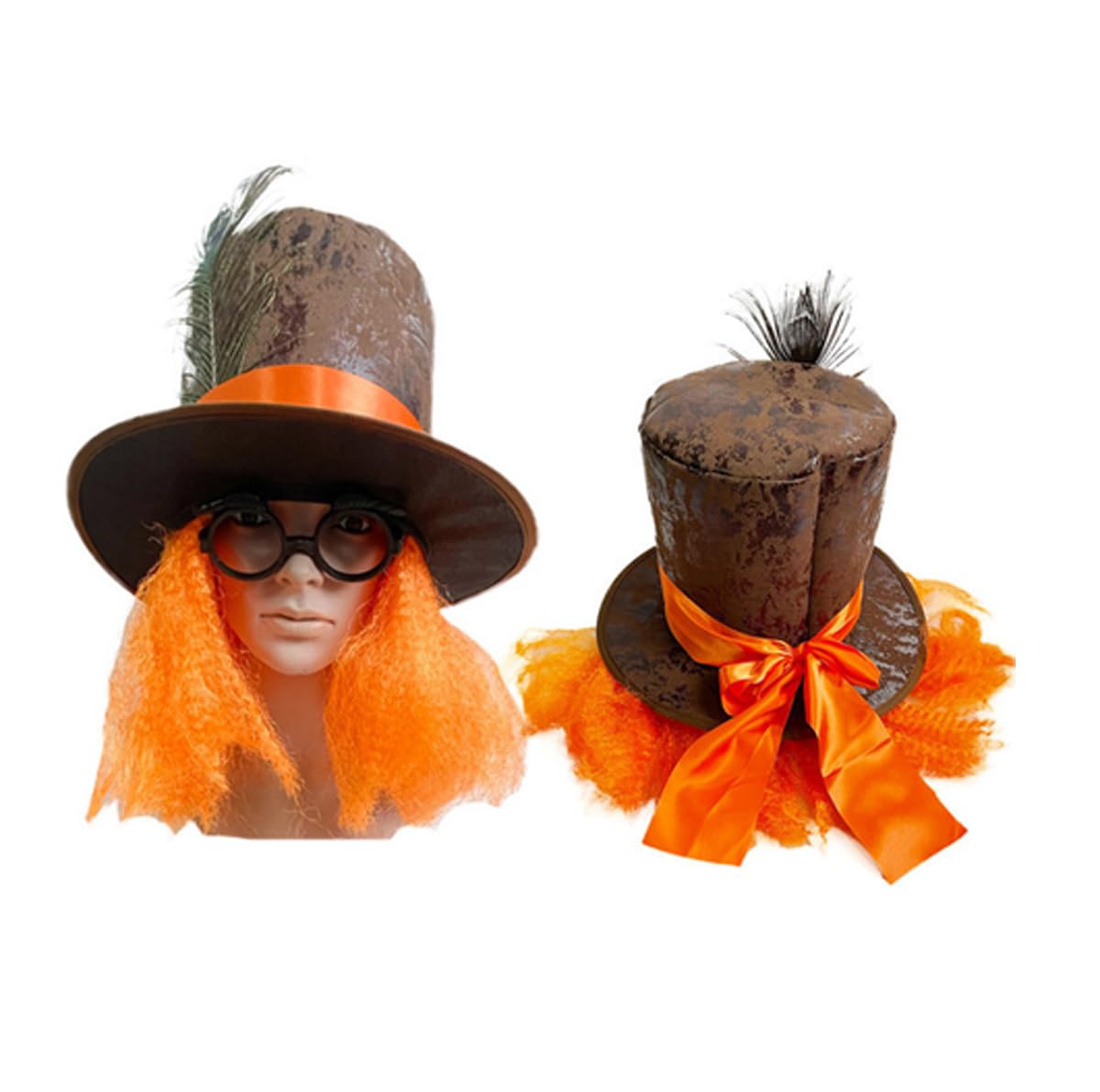 OhMill Vintage Tall Top Hat with Orange Curly Wig Magician Headwear Costume Hat Fancy Dress for Adults Halloween Party