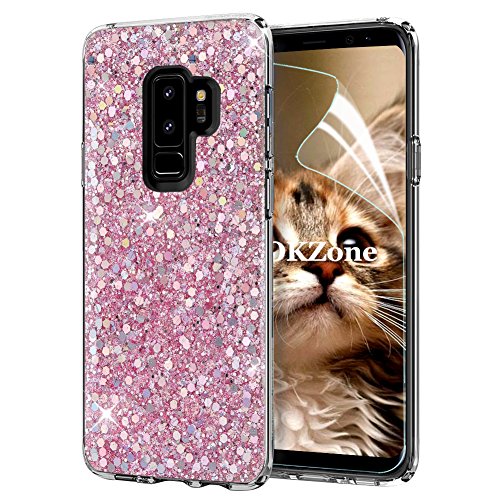OKZone Caja de la Galaxia S9 Además, la Cubierta de Piel del Brillo de Bling de la Chispa Diseño Slim Fit Gel TPU de Silicona Samsung Galaxy S9 Plus Pink