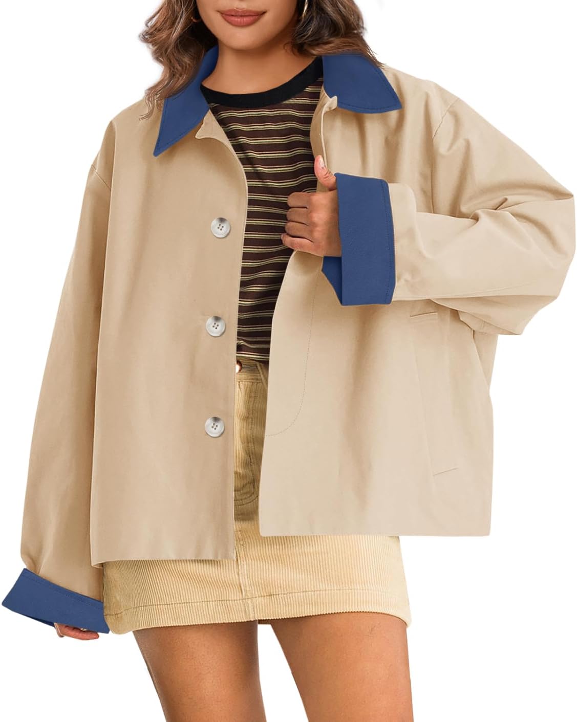Tankaneo Womens Barn Jackets Lightweight Casual Oversized Contrast Collar Jacket Crop Trench Coat Outerwear 2025 Fall Fashion