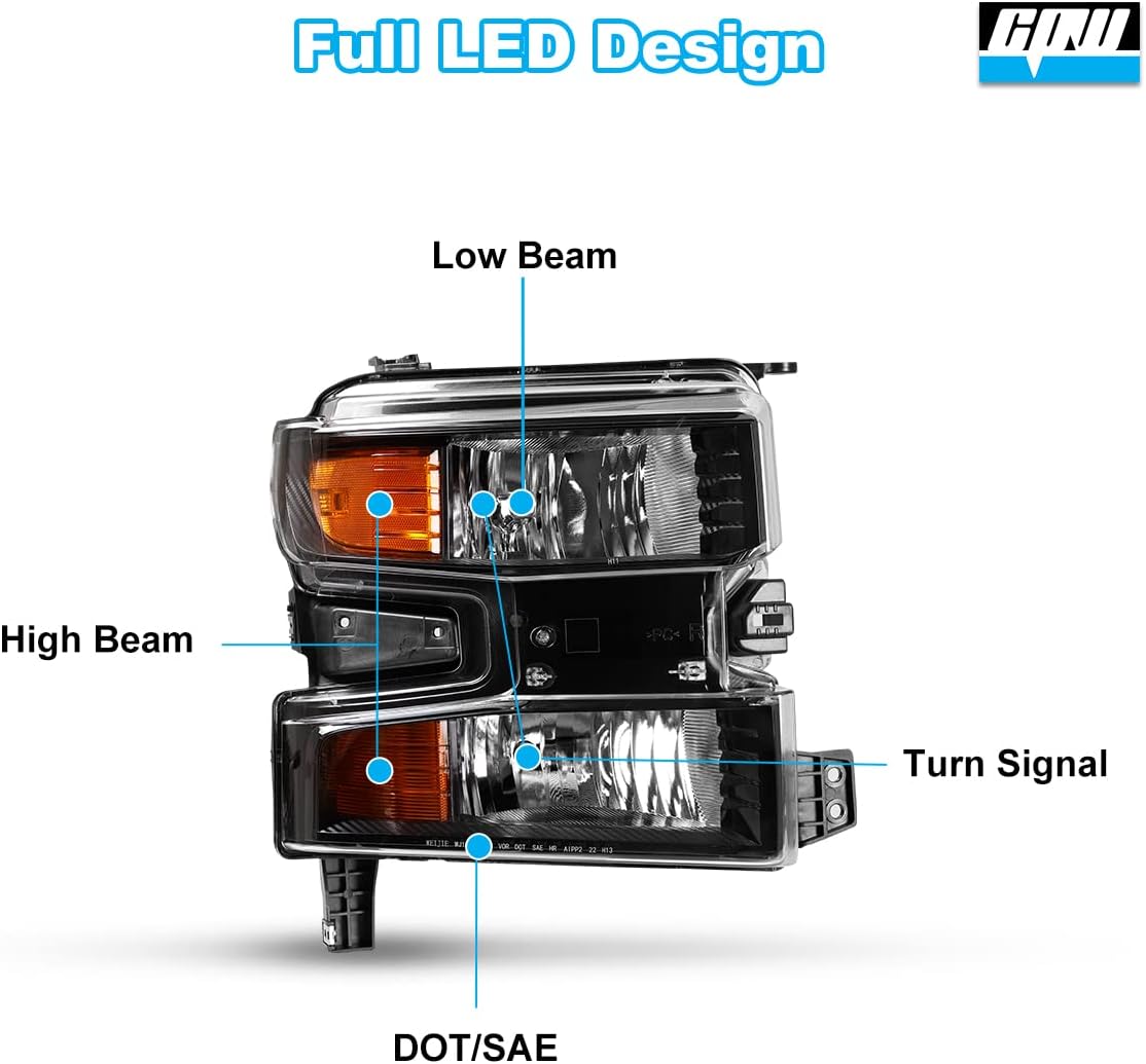 CPW Headlight Compatible with 2019-2022 Chevy Silverado 1500 High/Low Beam Turn Signal Lights Headlamps Replacement - Passenger Side Only