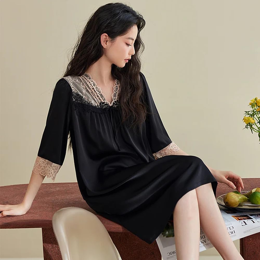 Camicia da Notte Donna - Camicie da Notte Lunghe Indumenti da Notte in Pizzo con Scollo A V Abito Estivo in Raso di Seta Femminile Camicia da Principessa A Mezza Manica Vestaglie da Donna