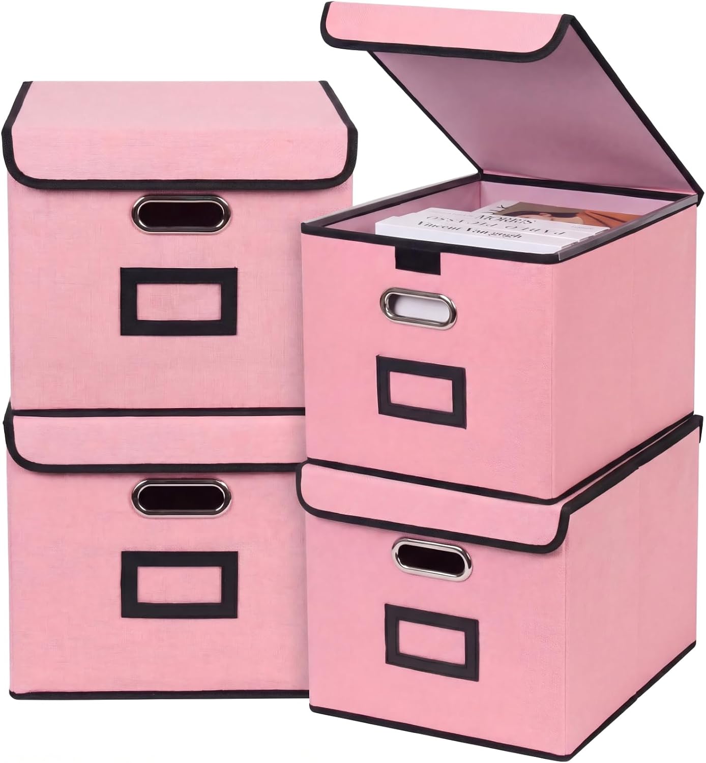 File Storage Box with Lid, 15.55x12.87x10.43 Inches, Foldable Organizer with Handles & Label Slot, for File Storage, Home, Office, and Closet Organization(4 Packs, Pink)