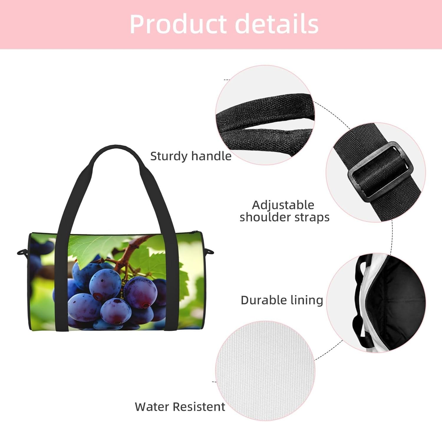Grape Print Sports Tote Bag Lightweight Water-Resistant Gym Backpack Travel Supplies