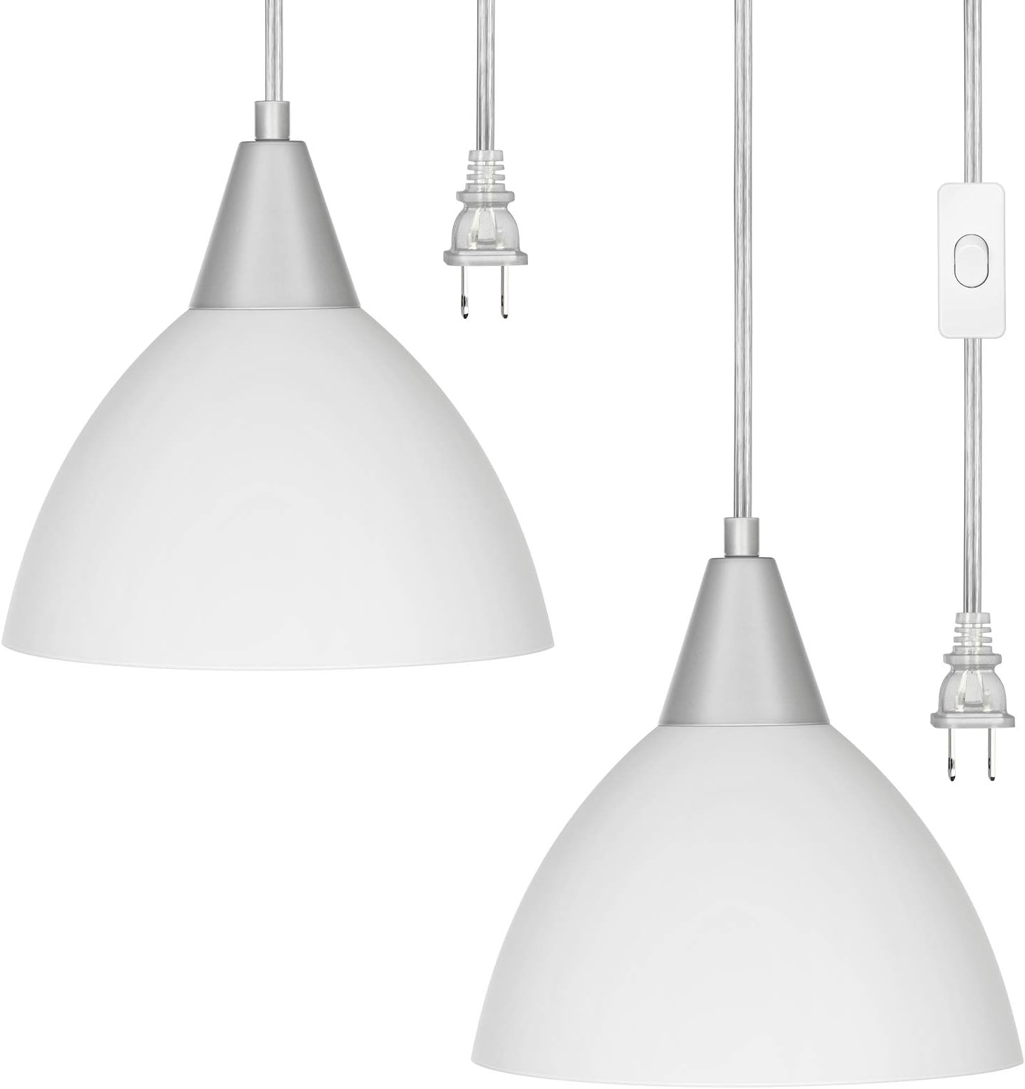 DEWENWILS Plug in Pendant Light, Hanging Light with 15Ft Clear Cord, On/Off Switch, Frosted Plastic White Shade, Hanging Ceiling Light for Living Room, Bedroom, Dining Hall, Pack of 2