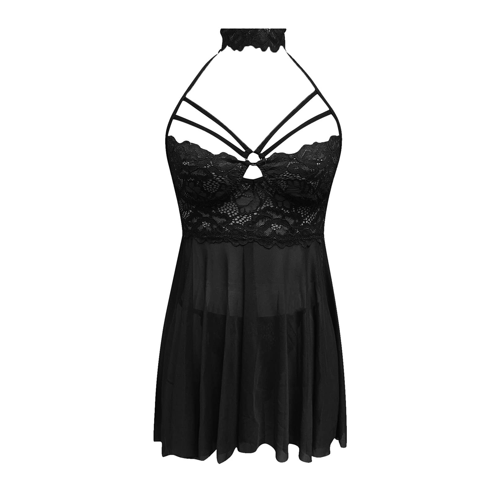 Lencería para mujer Conjunto de lencería con liga de malla transparente con encaje floral Camisón con cuello en V para mujer con tanga Traje para el hogar (Color: Rood, Tamaño: 2XL) (Zwart M)