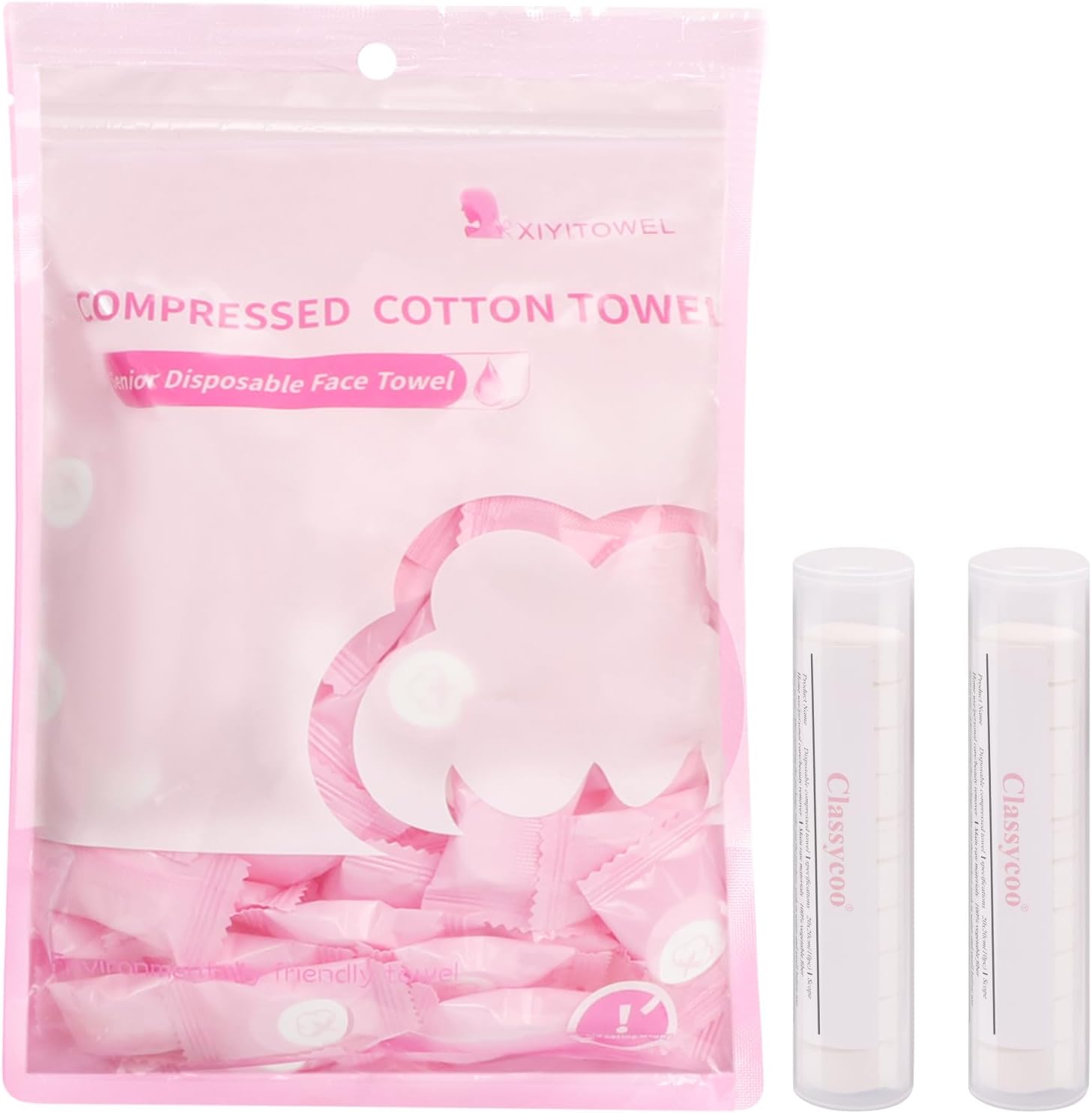 Classycoo Compressed Towel 120 PCS with 2 Carrying Cases,Disposable Mini Tablets Portable Face Towel Cotton Coin Tissue for Travel, Camping, Hiking, Sport, Home Hand Wipes, Outdoor Activities (Pink)