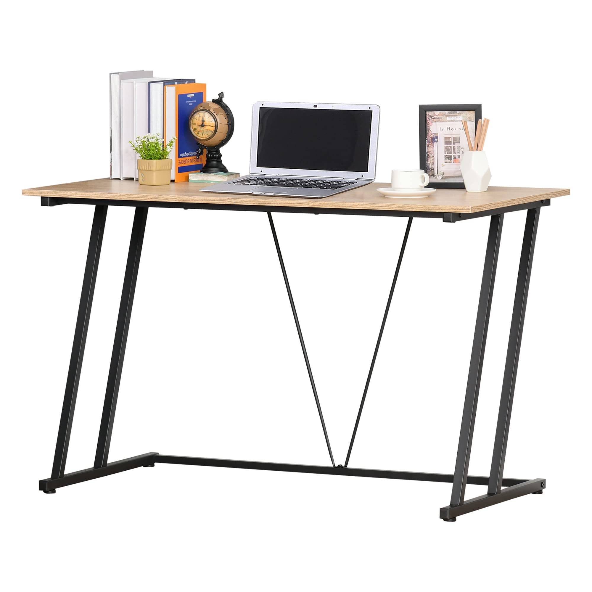 HOMCOMHome Office Computer Desk, Writing Desk, Laptop Table with Z-Shaped Metal Frame, V-Shaped Support Bar, and MDF Tabletop, Black
