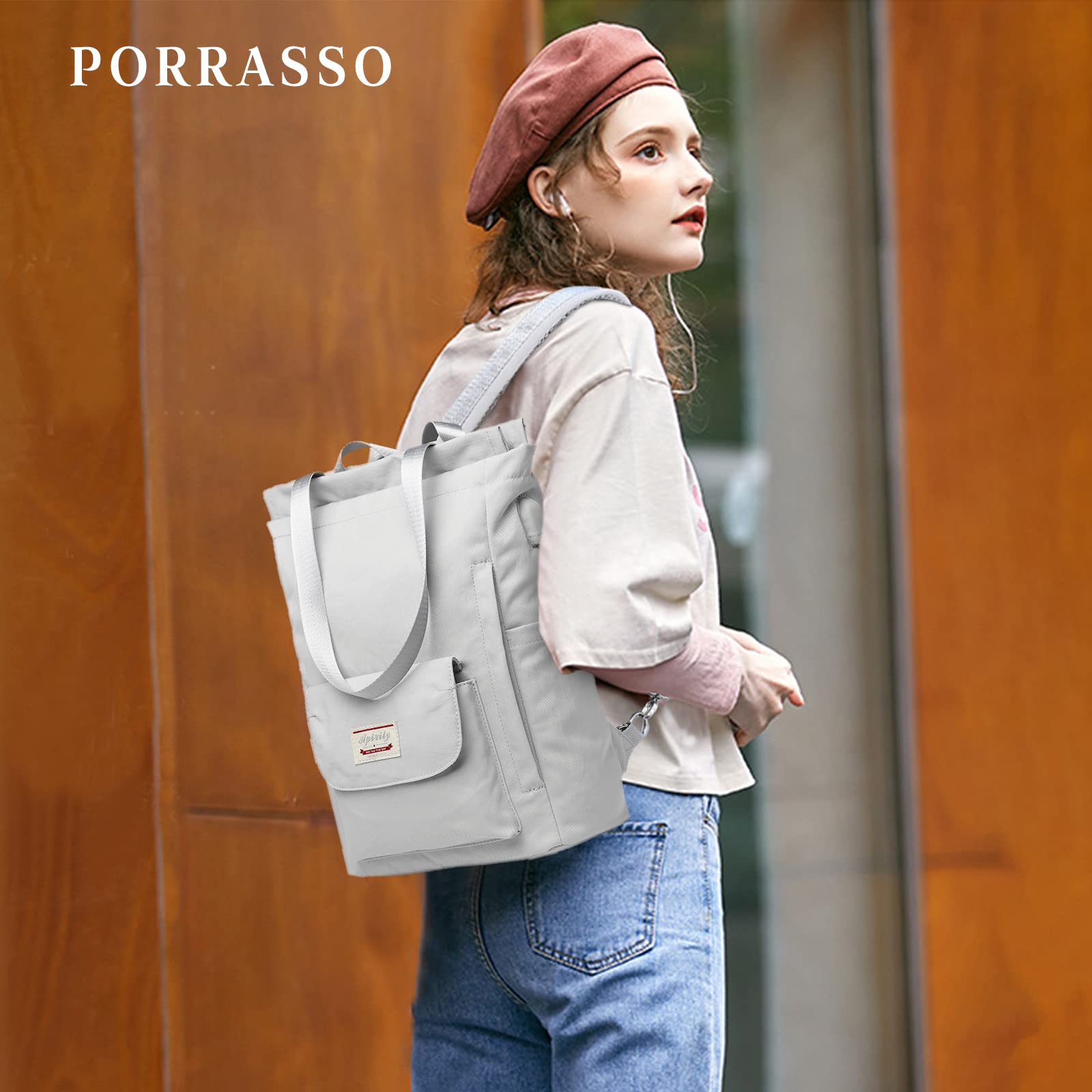 PORRASSO Women's Fashion Backpack - Waterproof Leather Daypack, Shoulder Bag, Grey - View #4